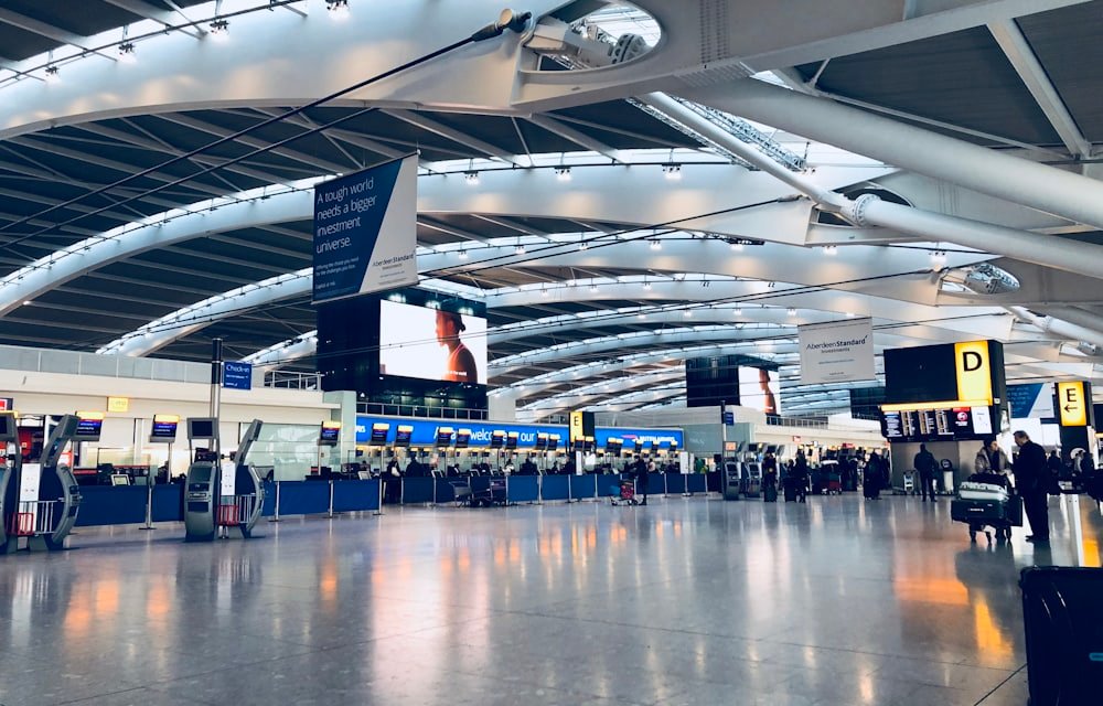 Passengers in an airport departures hall